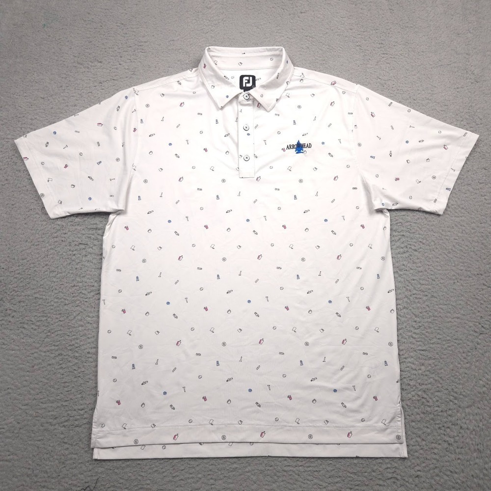 FootJoy Golf Polo Men L White Doodle Print Stretch Arrowhead‎ Logo 26576
